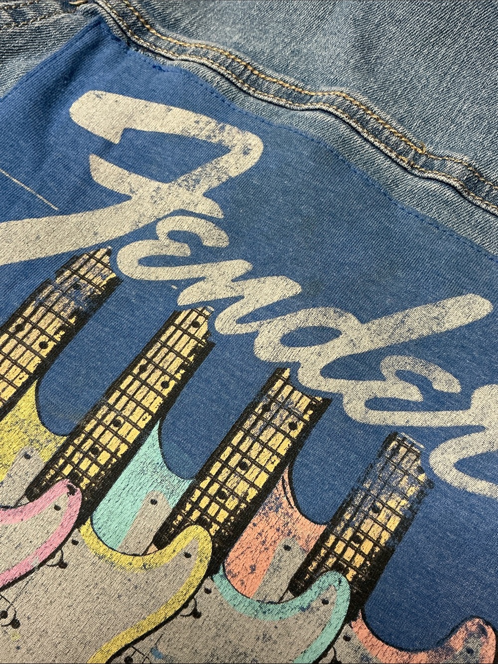 Fender Electric Guitar Upcycled Denim Jacket Unisex 7 Band Grunge 80s - Picture 7 of 11